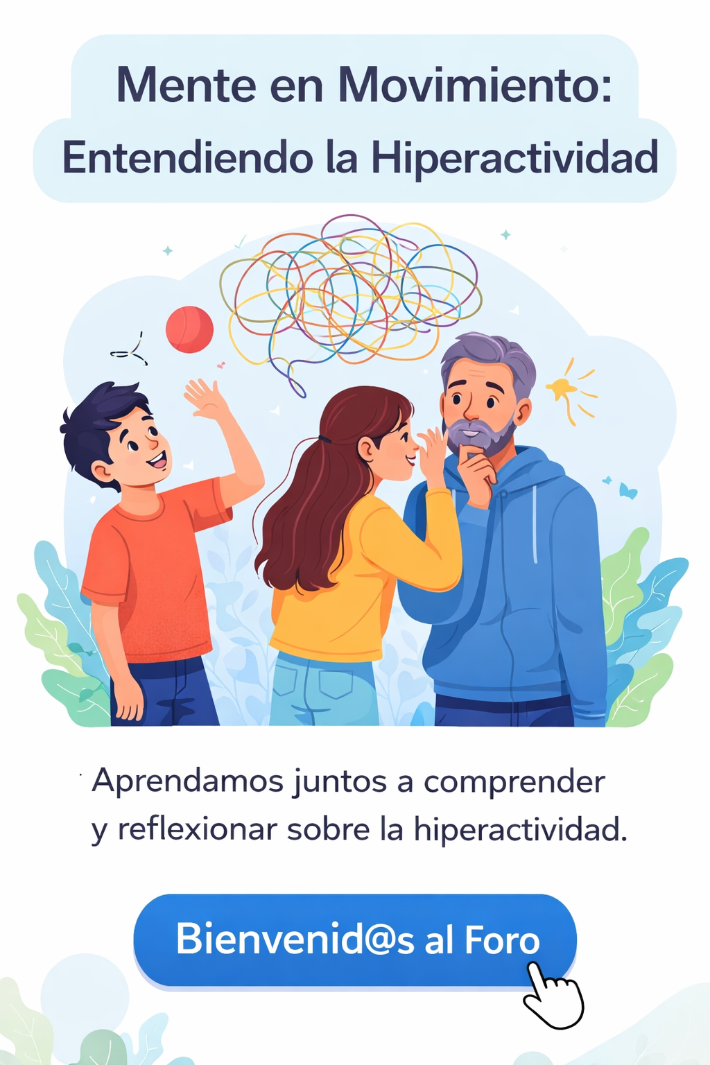 La imagen es una ilustración digital que representa la hiperactividad a través de elementos visuales como movimiento corporal, expresiones dinámicas y líneas que simbolizan actividad mental intensa. Aparecen personas de distintas edades, lo que sugiere que esta condición puede manifestarse en diferentes etapas de la vida. El uso de colores vivos y trazos enérgicos refuerza la idea de dinamismo y estimulación constante.